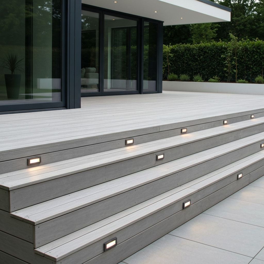 Outdoor Living project: Deck Construction. Spacious composite deck with built-in seating and lighting